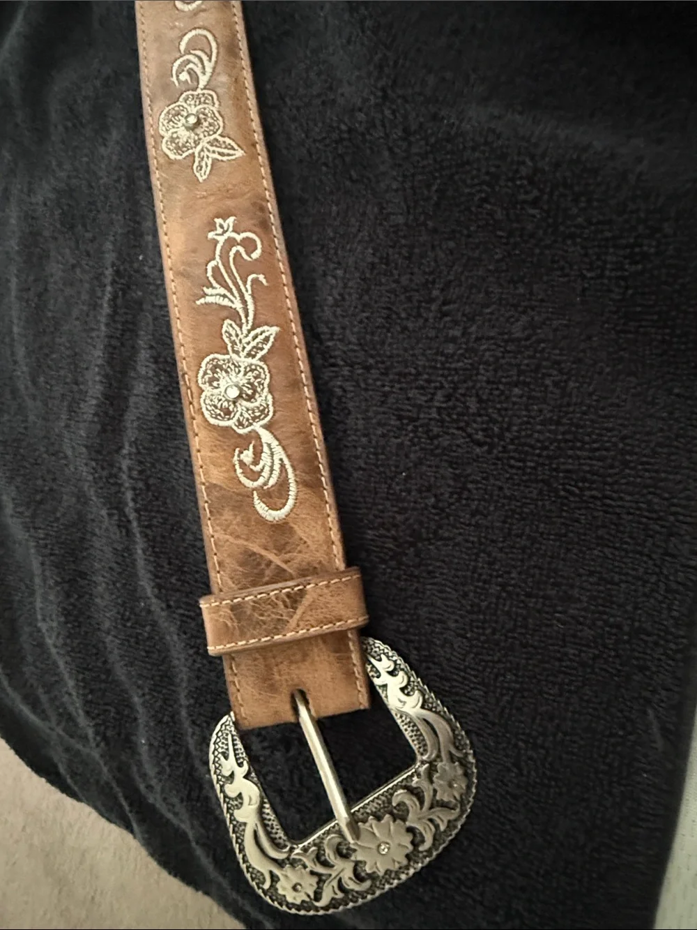 Embroidered Brown Leather Western Belt with Ornate Buckle